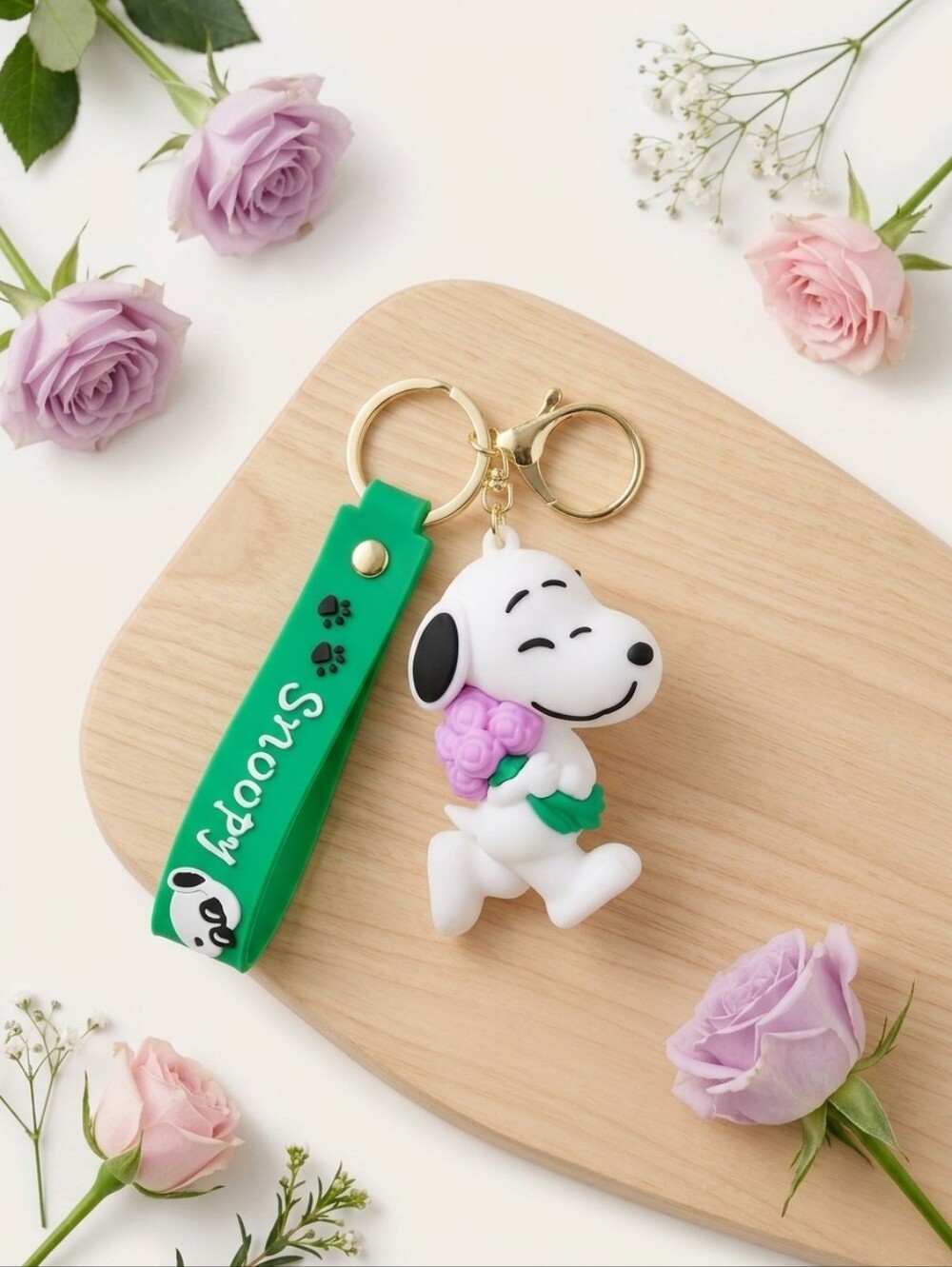 Snoopy Green Silicone Keychain with Flower Figurine